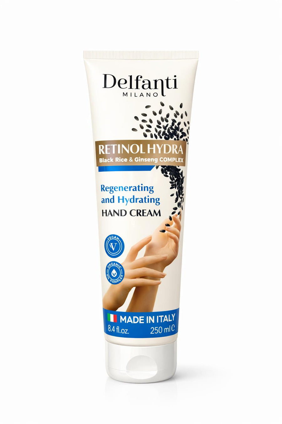 Delfanti Milano Retinol Hydrating Hand Cream with Black Rice & Ginseng – 8.4 Fl Oz / 250 ml