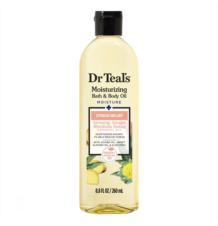 Dr Teal's Stress Relief Bath & Body Oil with Ginger, Ginseng & Rhodiola Rosea, 8.8 fl oz