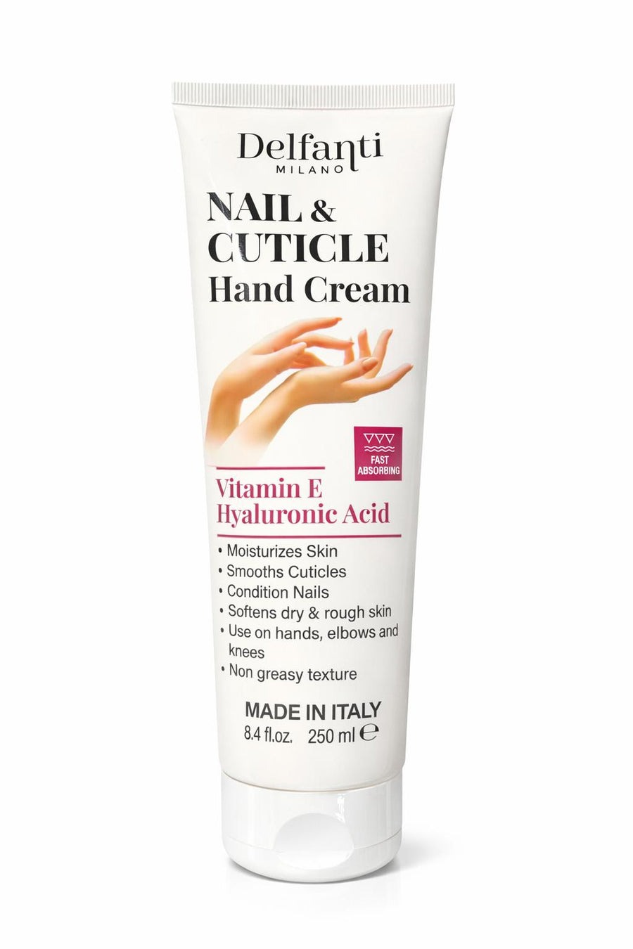 Delfanti Milano Nail & Cuticle Hand Cream – Vitamin E & Hyaluronic Acid – 8.4 Fl Oz / 250 ml